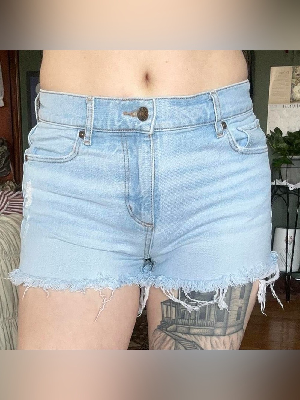 LOFT Light Blue High-Rise Frayed Denim Shorts